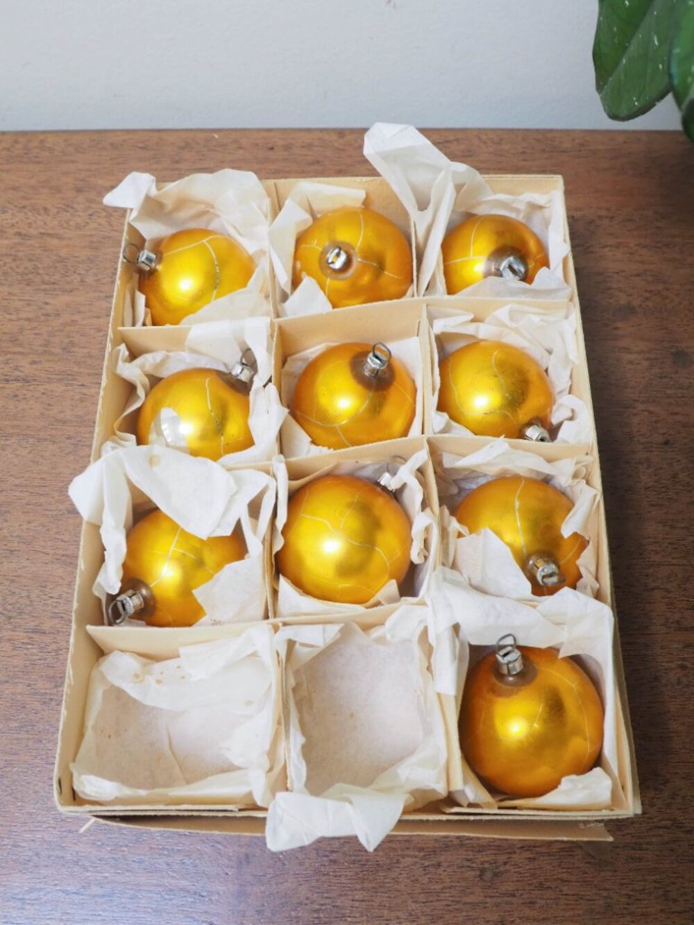 Gold Christmas Ball Ornaments - West Germany - 1.5 Inch Across - Set of 10